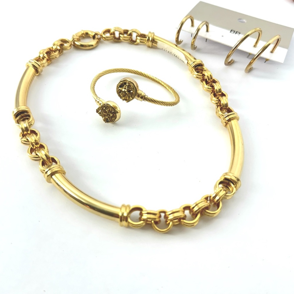 Classic Gold 🛍️Lot of 4 Jewelry Chunky 19” Necklace Druzy Bracelet Hoop Earrings